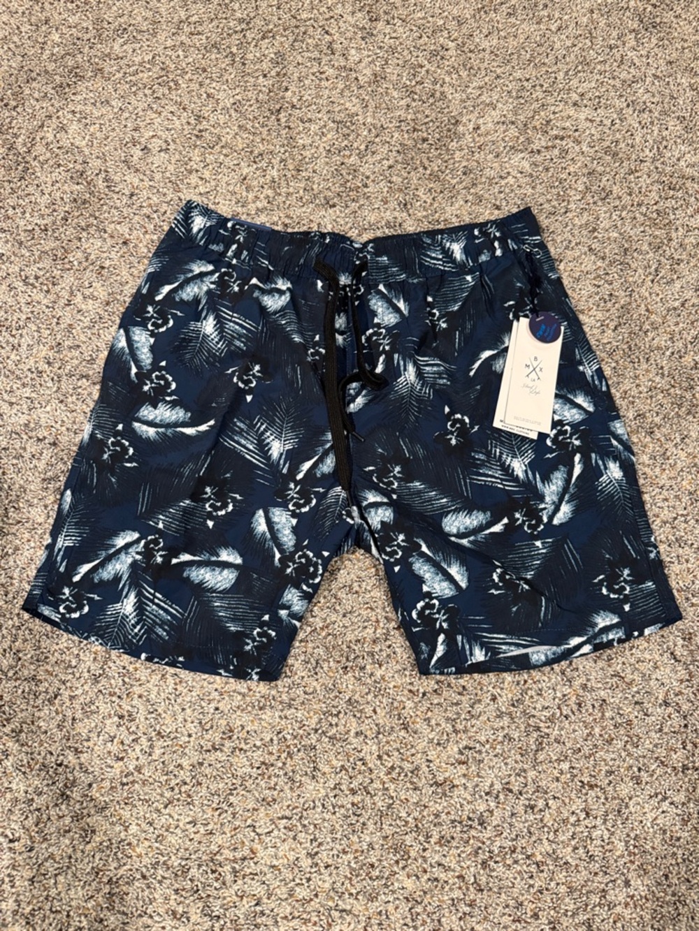 Navy Tropical Print Men's Swim Trunks with Drawstring —FAST SHIP